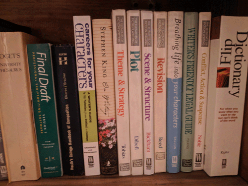 A shelved collection of reference books on writing