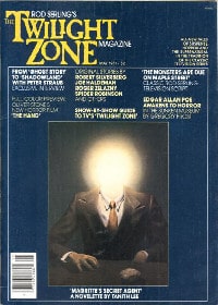 Cover of Twilight Zone magazine featuring an image of a faceless man wearing a suit and tie while sitting at a table